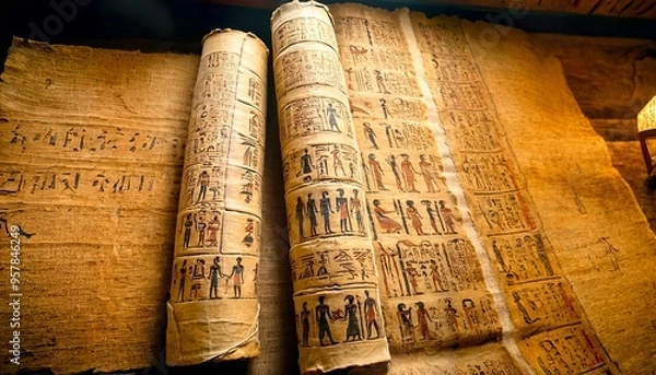 Fototapeta Close-up of ancient Egyptian papyrus scrolls, adorned with intricate hieroglyphics and vibrant colors. 1