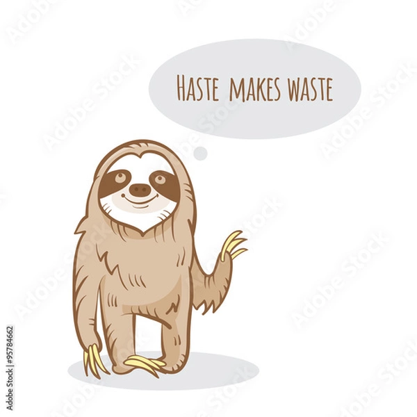 Obraz Vector card with cartoon sloth. Rest and tea drinking.