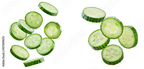 Fototapeta Collection of flying or floating cucumber slices isolated on transparent background, png cucumber slice cutout