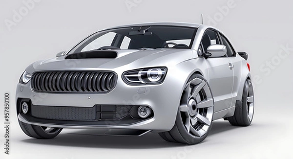 Fototapeta A 3D illustration featuring metallic gears, cogs, and wheels interlocked in a sleek, industrial frame with a silver and chrome finish, set against a clean white background, suitable for technology