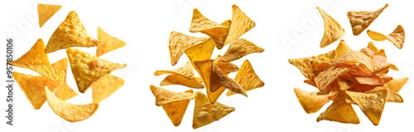 Fototapeta Set of flying or floating nachos chips isolated on transparent background, png nachos chips cutout
