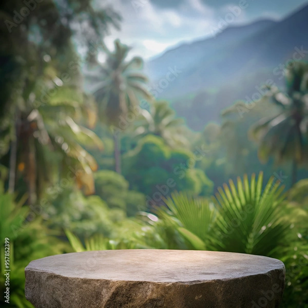Fototapeta Rock podium forest background mockup. Round blank stone pedestal stand platform on green natural tropical garden and mountain for cosmetic display or food product design