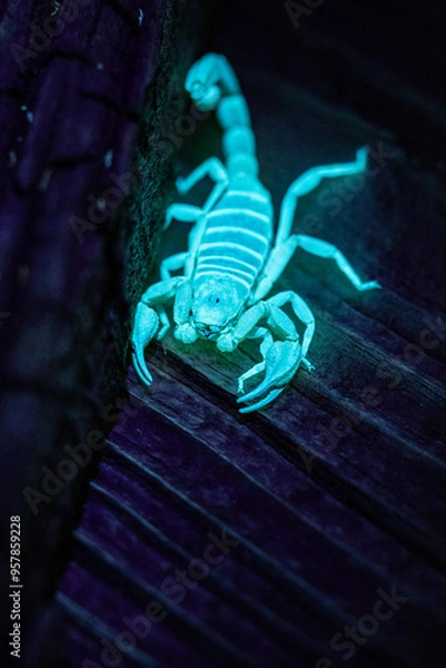 Fototapeta Blue glowing scorpion hiding in a crevice