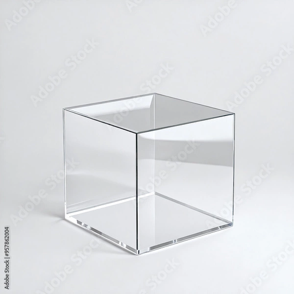 Fototapeta Close-up of a clear acrylic box, isolated on a white background. Perfect for product displays, minimalist designs, and packaging concepts.