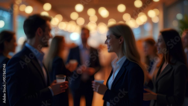 Fototapeta A blurred shot of business people networking at an office party with soft lighting and bokeh effects creating a warm social atmosphere