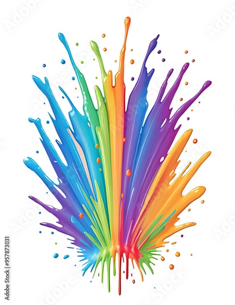 Fototapeta A 3D-rendered splash of vibrant paint, with splatters of different colors suspended mid-air, frozen in dynamic motion, set against a plain white background, perfect for art supply store promotions 