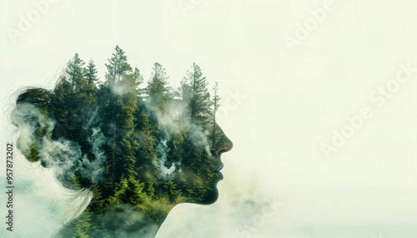 Fototapeta Mother Nature represented by a double exposure of a woman's profile face filled with a forest of evergreen trees on a light green background
