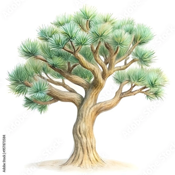 Fototapeta A detailed 3D illustration of a bristlecone pine. showcasing its unique twisted trunk and dense. green foliage.
