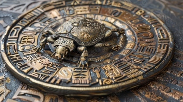 Fototapeta Ancient Egyptian Scarab Beetle Sculpture on Circular Ornament with Hieroglyphics in Gold and Bronze