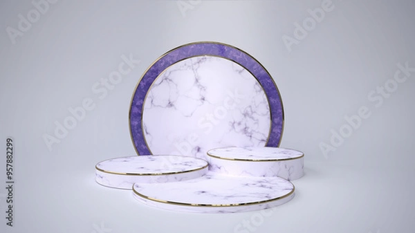 Fototapeta Luxury podium for product display white marble and purple abstract background, 3D render