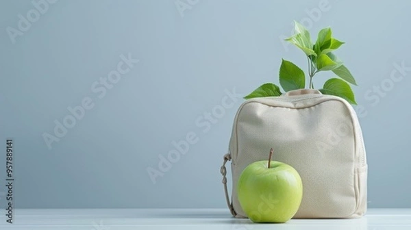 Fototapeta Sleek backpack with a fruit-themed print featuring an apple, isolated on white, showcasing style and functionality.