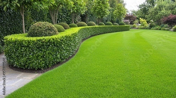 Obraz Pristine Privet Hedge Adds Charm to Traditional English Cottage Garden Border