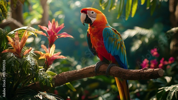 Fototapeta A colorful parrot perched on a branch in a lush tropical rainforest, surrounded by vibrant flowers