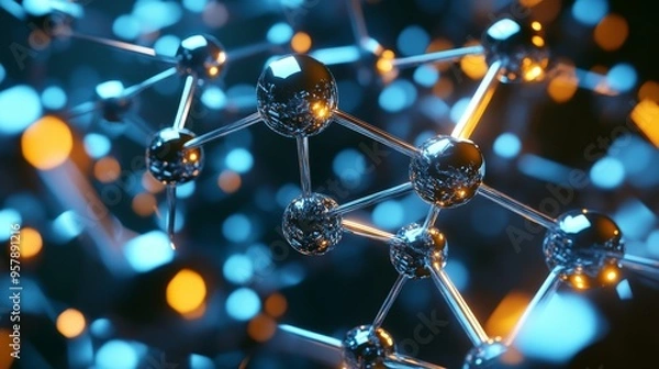 Fototapeta Abstract  D Molecular Structure with Blue and Orange Lights