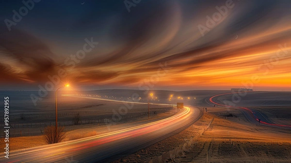Fototapeta Highway Through Golden Sunset
