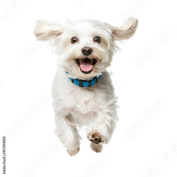 Fototapeta Happy white dog jumping with joy, wearing blue collar, isolated on white background. Energetic and playful pet portrait.