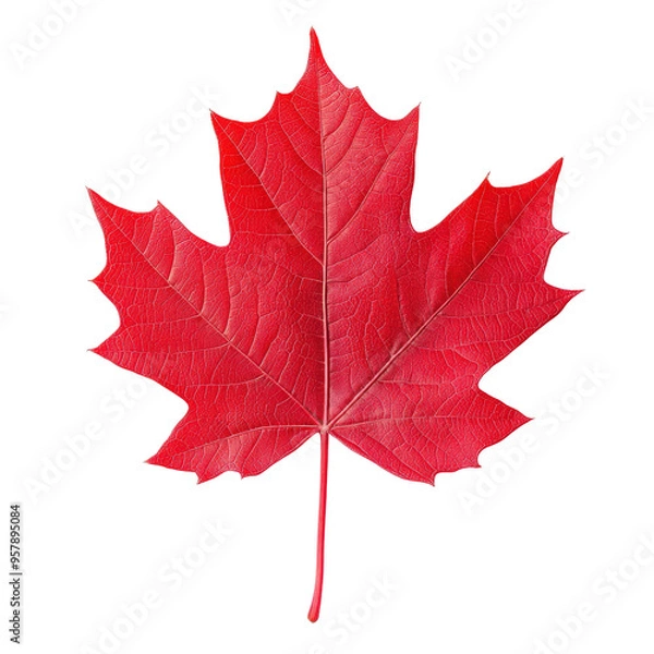 Fototapeta High-resolution image of a vibrant red maple leaf isolated on a white background, perfect for autumn-themed projects and seasonal designs.