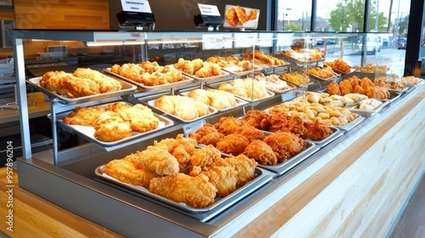 Fototapeta Crispy and Tempting Fried Chicken Delights on Restaurant Display - Food Showcase