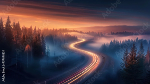 Obraz Winding Road Through Foggy Forest at Sunset