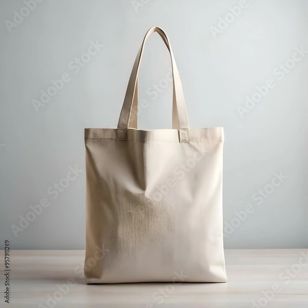 Fototapeta A clean. crisp image of a blank. beige tote bag against a light backdrop.