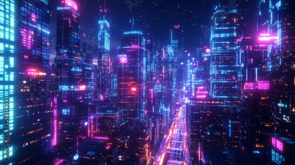 Fototapeta A captivating 3D render depicting a cyberpunk night cityscape. The scene is set in a dark, futuristic city with towering skyscrapers and sprawling urban infrastructure. The city is illuminated by vibr
