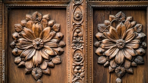 Obraz Close-up of the detailed carvings on a traditional Indian wooden door, showcasing floral and geometric motifs.