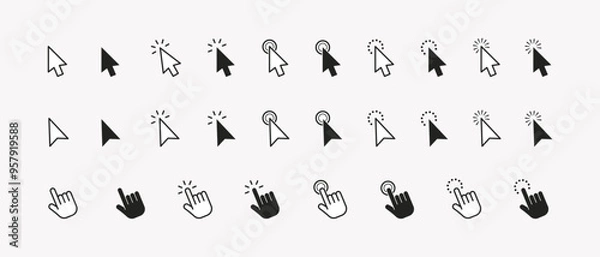 Obraz Set of cursor icons click and hand cursor icons click isolated on background. Pointer cursor сomputer mouse icon collection. Clicking cursor, pointing hand clicks icons. Vector illustration