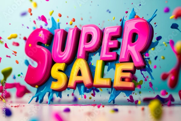 Obraz 'Super Sale' text with vibrant paint splashes