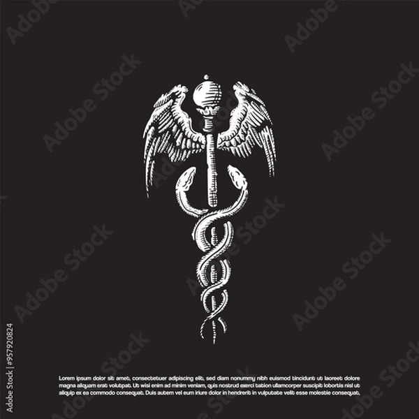 Obraz Vintage retro sketch art pharmacy asclepius logo design vector
