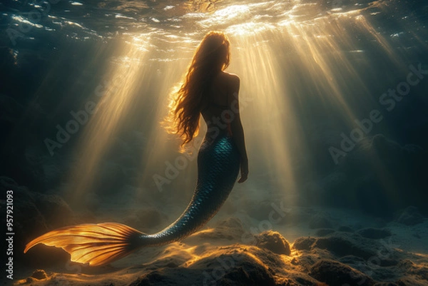 Obraz Enchanting mermaid swimming in sunlit underwater scene
