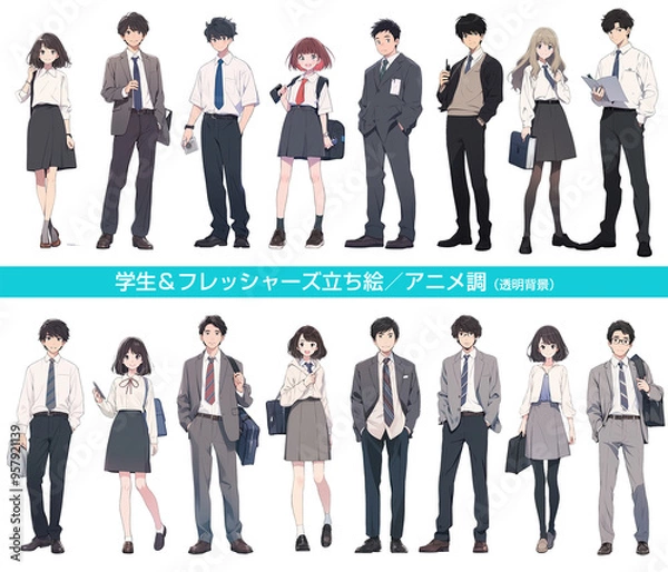 Fototapeta 学生、フレッシャーズの切り抜きキャラクター、人物の立ち絵。アニメ風　Generative AI