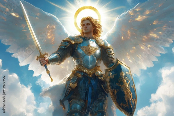 Obraz Michael the Archangel with sword and shield, sky backdrop