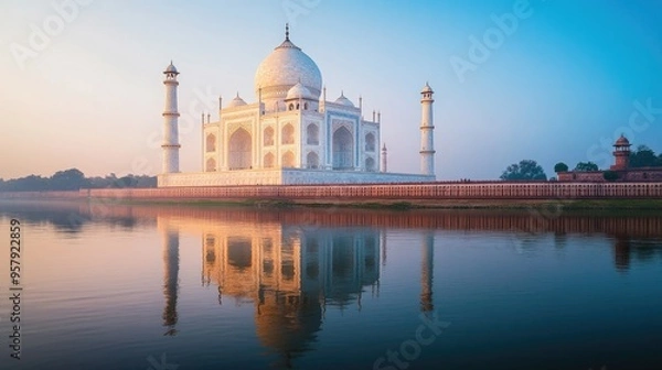 Fototapeta The majestic Taj Mahal in Agra, India, bathed in the soft glow of the sunrise, with its reflection in the Yamuna River.