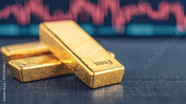 Fototapeta Precious Metal Investment: Closeup of Gold Bars on Futures Trading Charts in Modern Financial Setting with Copy Space, Selective Focus, Ultra HD