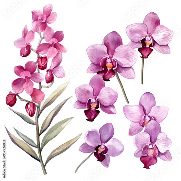 Fototapeta pink orchid flowers set, collection of watercolor tropical flowers isolated, element for design and decoration