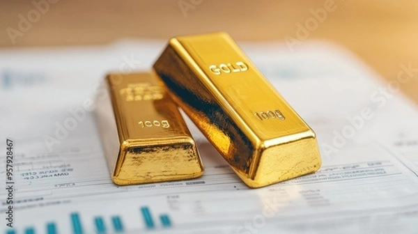 Fototapeta Financial Stability in Crisis - Gold Bars on Emergency Documents with Copy Space, Selective Focus