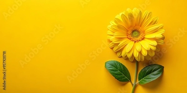 Fototapeta Vibrant yellow flower with green leaves on matching yellow background