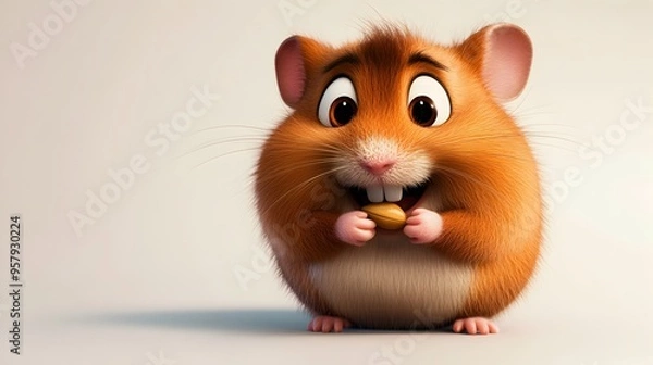 Obraz Cute and Smiling Hamster Close up Portrait with Big Eyes and Puffy Cheeks on Plain Background