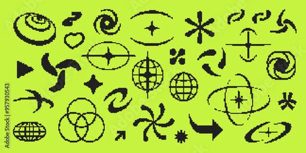 Fototapeta Y2K pixel style asset. Y2K retro futuristic elements for posters, flyers, banners, streetwear, social media. Acid pixel 8 bit vector abstract shapes, symbols, frames. Y2K aesthetics.