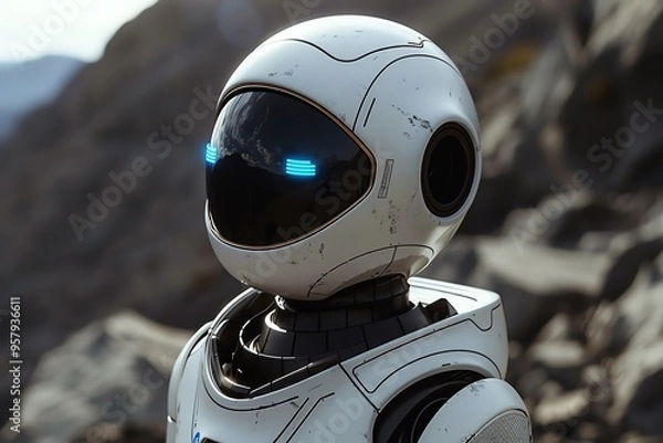 Fototapeta A futuristic robot with glowing blue eyes stands on a rocky terrain, showcasing advanced technology and unique design elements.
