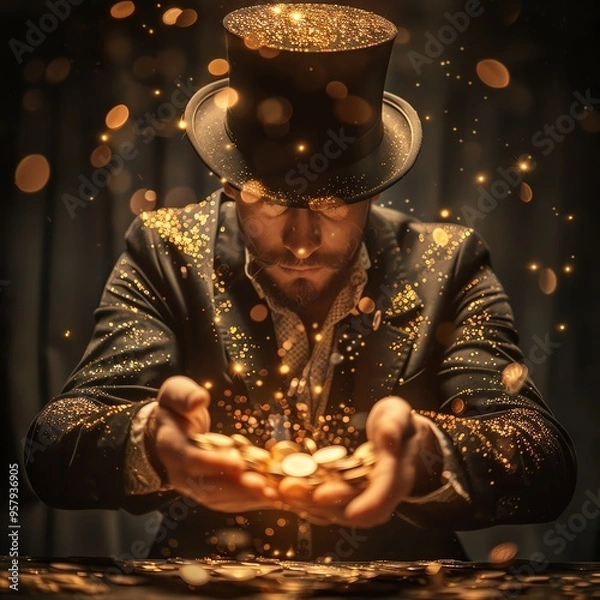 Fototapeta A magician in a top hat conjures sparkling coins, creating a mesmerizing scene of enchantment and mystery.