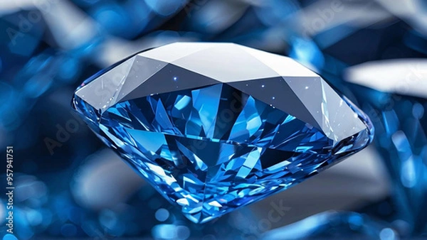 Fototapeta Close-up of a slowly rotating blue diamond. 3D Rendering