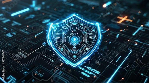 Fototapeta Cyber ​​​​security technology concept. HUD and Shield Icon of Cyber Security, Digital Data Network Protection.
