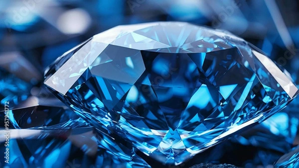 Fototapeta Close-up of a slowly rotating blue diamond. 3D Rendering