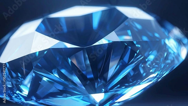 Fototapeta Close-up of a slowly rotating blue diamond. 3D Rendering