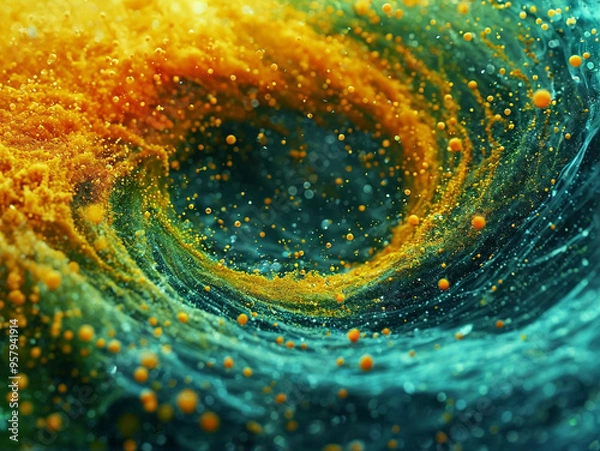 Fototapeta Slow motion abstract composition shot of saturated particles swirling in a powerful vortex, cyan, green, yellow, green, blue blended together.