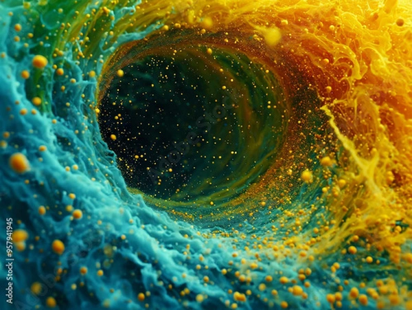 Fototapeta Slow motion abstract composition shot of saturated particles swirling in a powerful vortex, cyan, green, yellow, green, blue blended together.