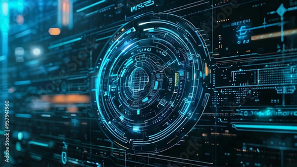 Fototapeta Cyber ​​​​security technology concept. HUD and Shield Icon of Cyber Security, Digital Data Network Protection.