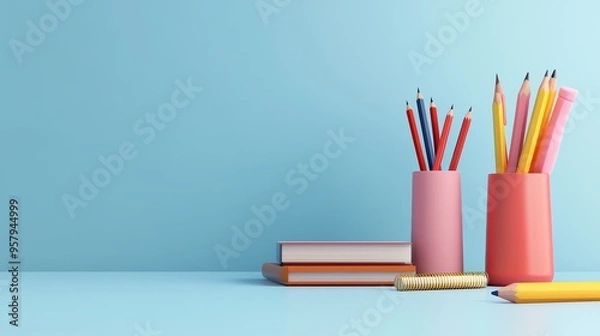 Fototapeta A colorful collection of stationery items including pencils, books, and pens, perfect for a creative workspace or study area.