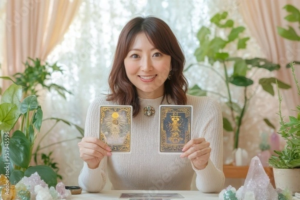 Obraz タロットカードを持つ笑顔の日本人女性（占い・占星術・スピリチュアル・運命）